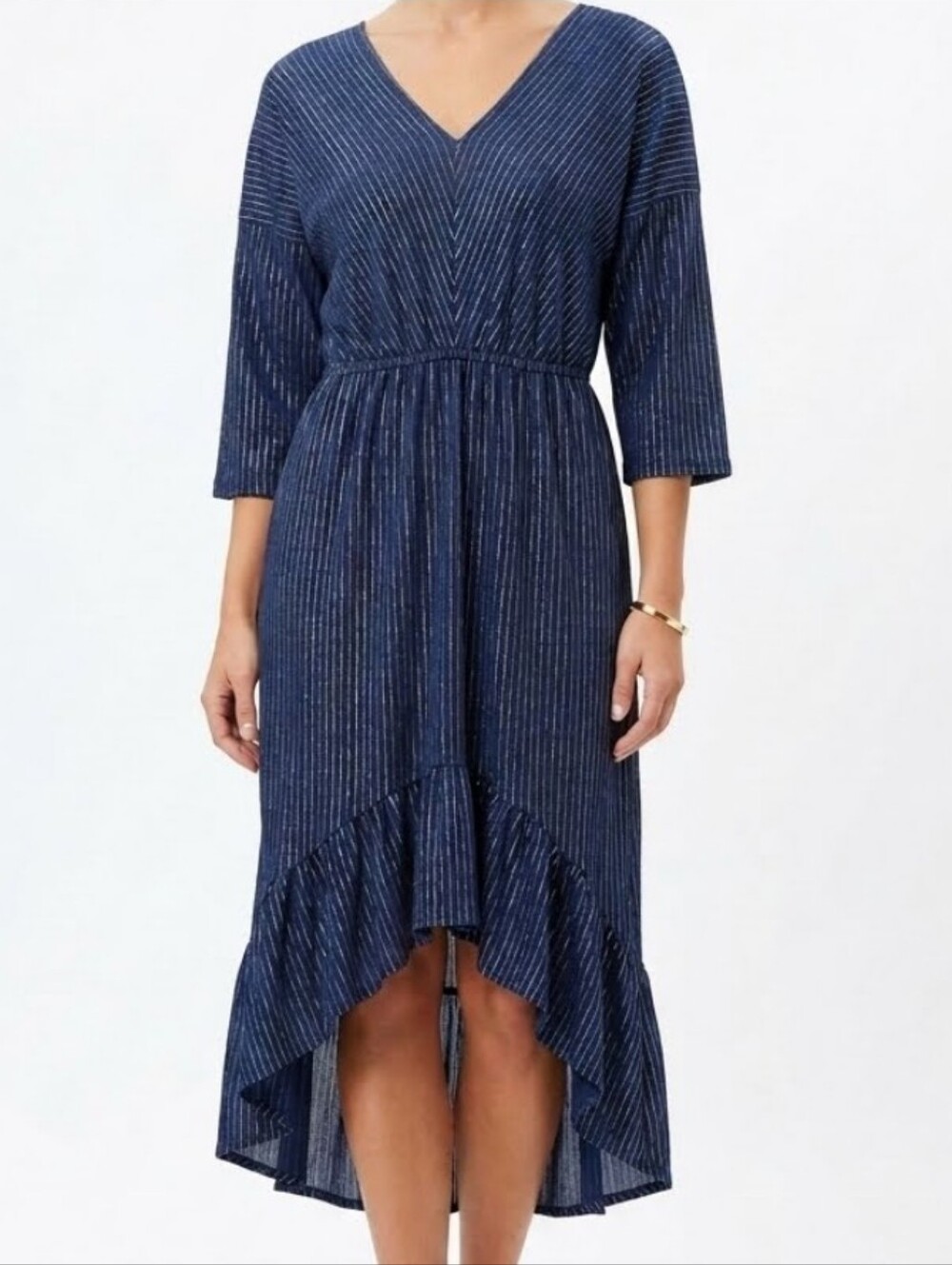 Umgee Blue/Gold Metallic Stripe 3/4 Sleeve Hi-low Midi Dress Size L Ruffle Hem